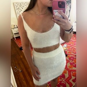 Olivaceous Fuzzy White Crop Top Skirt Set